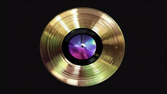 iridescent gold vinyl record spinning black background designed alpha channel easy integration any visual project 4K