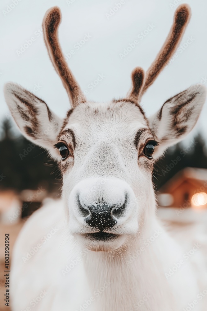 Wall mural Close-up portrait of a reindeer with antlers, looking directly at the camera.