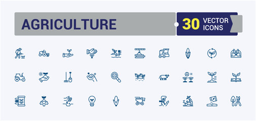 Agriculture icon set. Related to land, graphic, tech, crop, agriculture. Set of line pictogram. Editable vector outline and solid icons.