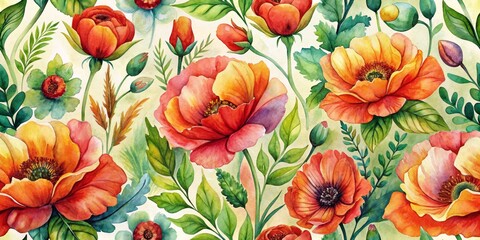 Fototapeta premium Watercolor Floral Pattern with Red and Orange Flowers and Green Leaves, Floral Pattern, Watercolor Painting