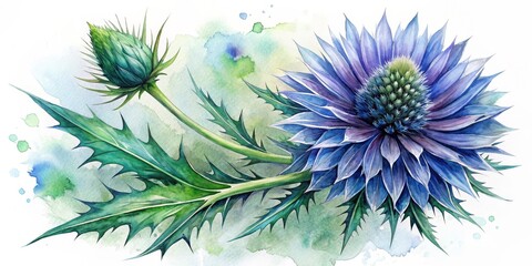 Watercolor Illustration of a Blue Thistle with Green Spiky Leaves, Watercolor, Flower, Thistle , Floral Art