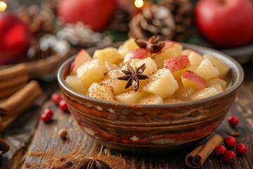 A deliciously spiced apple and pear compote is served in a handcrafted bowl. This warm dish, featuring cinnamon and anise, adds comfort to a winter gathering adorned with festive decorations