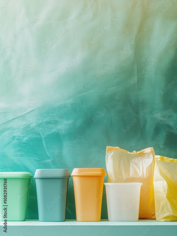 Poster A row of reusable containers stands out against a sea of single-use plastic bags and cups, emphasizing the need for eco-friendly options. Generative AI