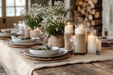 Fototapeta premium rustic christmas table, a rustic christmas table with burlap touches, soft candlelight, and warm ambiance, ready for personalization with text