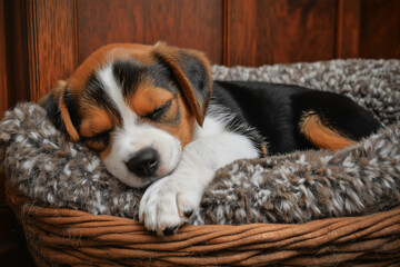 beagle puppy sleeping in basket