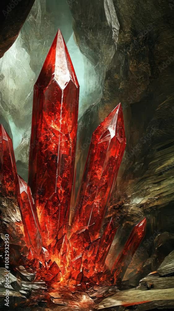 Wall mural red crystals glow in the dark depths of a cavern