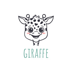 Cute cartoon giraffe isolated on white. Animal in doodle style. Illustration of giraffe head for cards, magazins, banners, coloring pages. Vector
