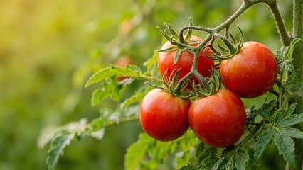 Ripe tomatoes on vine in morning sunlight lush green field