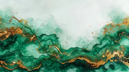 Abstract artwork featuring teal and gold fluid patterns.