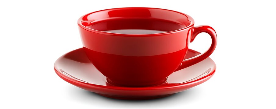close up red cup on saucer with isolated on white background, stylish bright utensil dish, healthy drink concept, international world tea day, copy space design logo