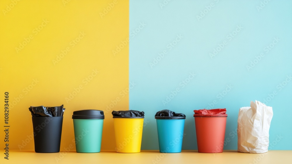Poster Brightly colored reusable containers are displayed, contrasting with an array of single-use plastic bags and cups in a vibrant space. Generative AI