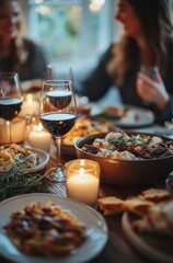 Gathering around a cozy dinner table with candlelight and delicious food in a warm atmosphere