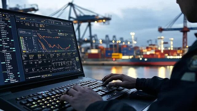 Close-up of a computer screen showing precise cargo metrics, with the officer&rsquo;s hand hovering over the keyboard, as towering cranes work in the background at the port.