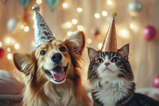A dog and a cat wearing party hats, sitting together in a festive setting with sparkling lights.