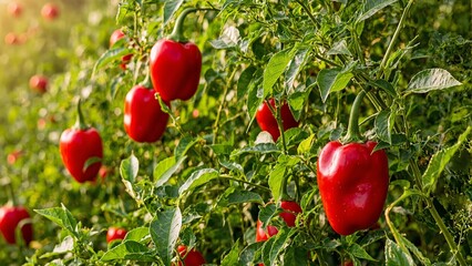 Vibrant red chili peppers in sunlit field contrasting with lush green leaves