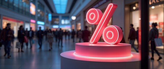 A glowing red percentage sign sits on a pedestal in a mall hall, with blurry shoppers figures in the background