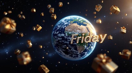 Planet earth surrounded by floating gift boxes with friday text in space