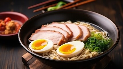 A steaming bowl of traditional ramen noodles with soft-boiled eggs, sliced pork, and green onions, exuding warmth and flavor.