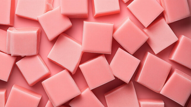 Close-up view of multiple pink square chewing gum pieces arranged randomly on a pink background.