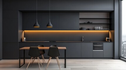 Modern Black Kitchen Interior with Wooden Dining Table and Pendant Lights