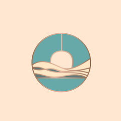Sky, beach, ocean sea, sun concept. Environment circle logo emblem. Modern, geometric, organic, spa style landscape icon isolated on light fund. Circular deco design lines for holiday resort.