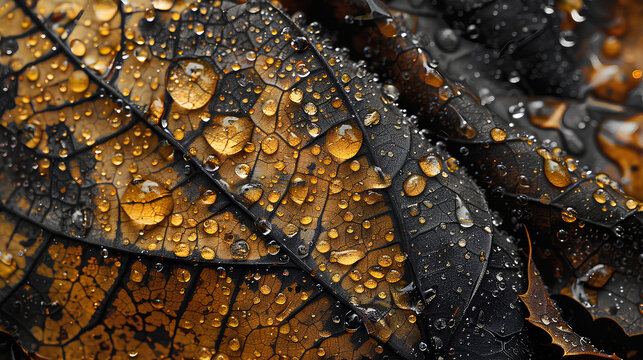 close-up of an autumn leaf with water droplets, showcasing the intricate patterns and textures that make up nature's canvas.