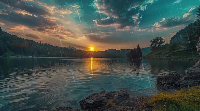 Quiet tranquil lake surrounded by lush green nature during vibrant sunset
Seamless looping 4k time-lapse virtual video animation Generated AI