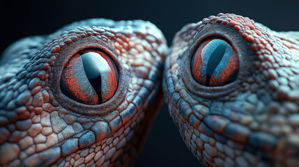 Obraz premium Close-up of the eyes of two reptiles with textured scales and vibrant reflective surfaces, showing intricate detail and rich colors in a macro perspective.