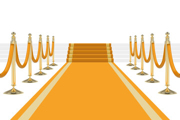 Orange yellow carpet with stairs, podium, red ropes and golden stanchions. Vector illustration.