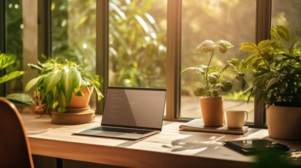 A serene home office is illuminated by warm sunlight, with lush greenery and a sleek laptop, creating an inviting and productive workspace.