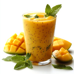 Fresh mango juice smoothie and mint leaves on isolated white background