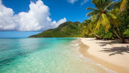 Fototapeta premium The Stunning Coastal Landscapes and White-Sand Beaches of Fiji, Surrounded by Crystal-Clear Waters, Vibrant Coral Reefs, and a Rich Mix of Traditional Fijian Culture and Relaxed Island Life