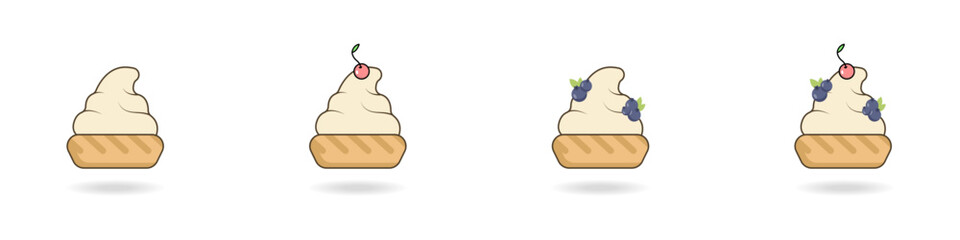 Set of cakes vector. Air desserts icons. Cakes with berries set. Baking sweet baskets with filling. Bakery logo. Craft desserts vector.