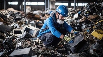 A worker in protective gear navigates a heap of electronic waste, sorting through discarded devices in a recycling plant, showcasing environmental responsibility.