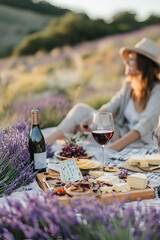 Wine and cheese picnic in lavender field with a woman in the background
