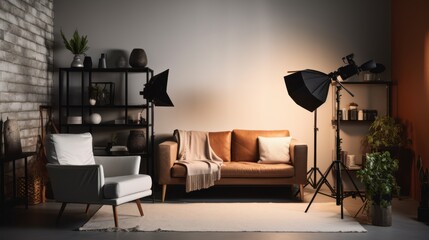 A chic home studio with a sophisticated camera setup and stylish furniture, bathed in warm, ambient lighting for a cozy creative space.