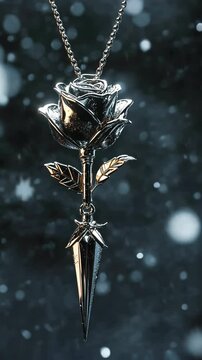A silver rose pendant with a dagger at the bottom hangs from a chain against a dark, blurry background