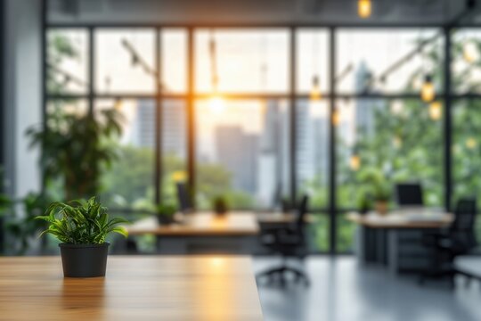 Foreground focus on small potted plant on wooden desk, with blurred modern office space and city skyline at sunset in background