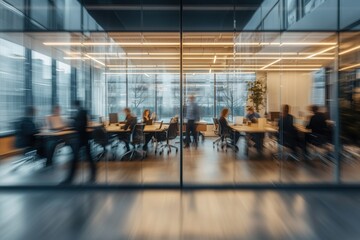 Busy office with modern design, workers collaborating in a bright, spacious space filled with natural light. Fast-paced energy and efficiency of team captured in motion blur