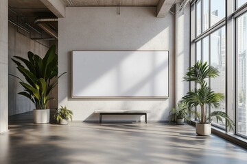 Sunlight fills a contemporary art gallery showcasing an empty horizontal canvas, greenery, seating, and a wide window with a city view