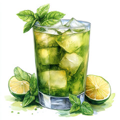 Mint Julep cocktail watercolor Drink clipart on a white background
