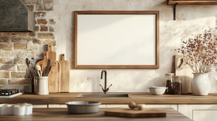 "Stock photo of a frame mockup in a kitchen interior background, styled in a farmhouse design."






