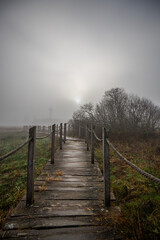 A wooden walkway or pier leads through a nature reserve in thick fog. Landscape shot in the middle of nature in autumn. Baldenau castle ruins, Morbach, Hunsrück, Rhineland Palatinate