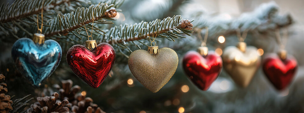 A row of heart-shaped Christmas decorations with gold, red, and blue colors hanging on the branches of an evergreen tree - Powered by Adobe