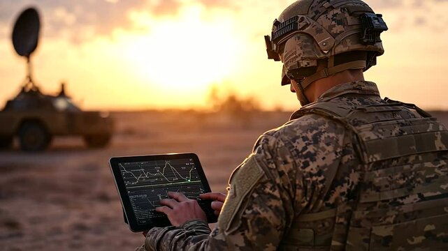 In an isolated outpost under the scorching sun, soldiers rely on a Starlink antenna for real-time satellite communication as they monitor live surveillance feeds on a tablet.