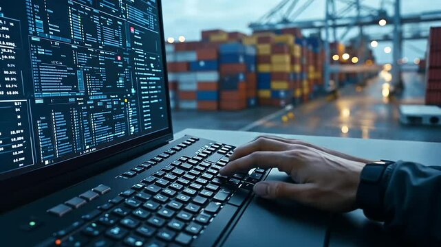 An officer&rsquo;s hand types swiftly on a keyboard while checking cargo metrics on a digital screen, with containers stacked high outside the window, symbolizing efficiency and precisio