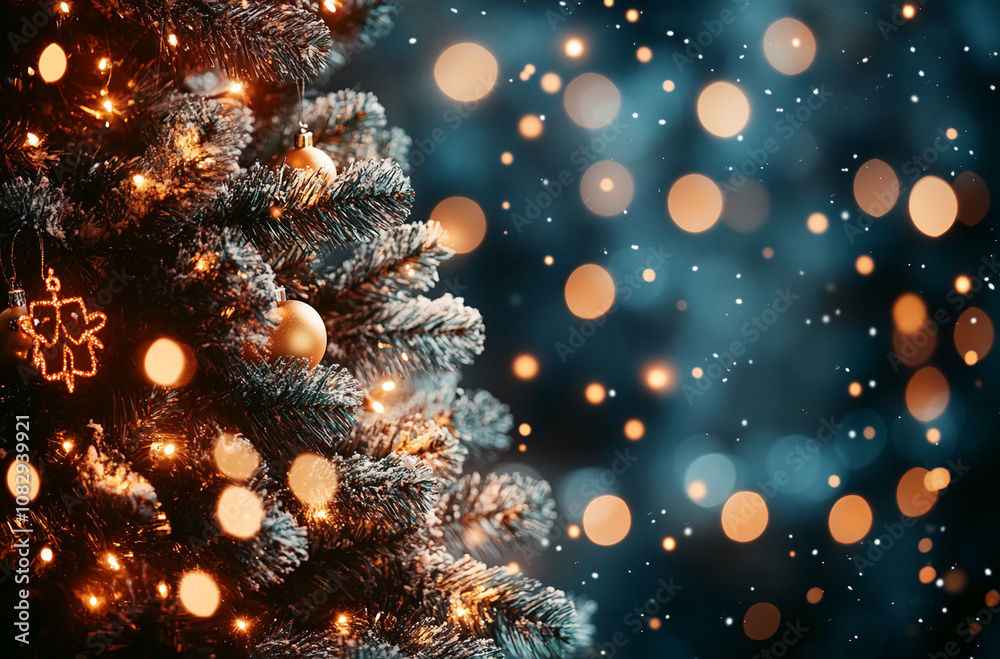 Aufkleber a frosted christmas tree adorned with golden ornaments and twinkling lights is shown against a backd
