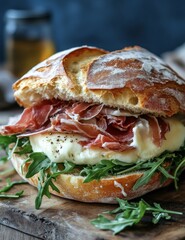 Tasty sandwich with prosciutto, mozzarella, and fresh arugula on grilled ciabatta