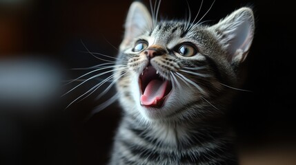 Naklejka premium A captivating image of a tabby kitten with striking green eyes and opened mouth, showcasing its adorable striped fur pattern in a lively posture