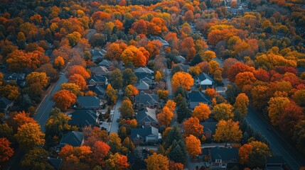 Aerial view of a suburban neighborhood during autumn with vibrant orange and red foliage transforming the landscape into a stunning colorful tapestry
